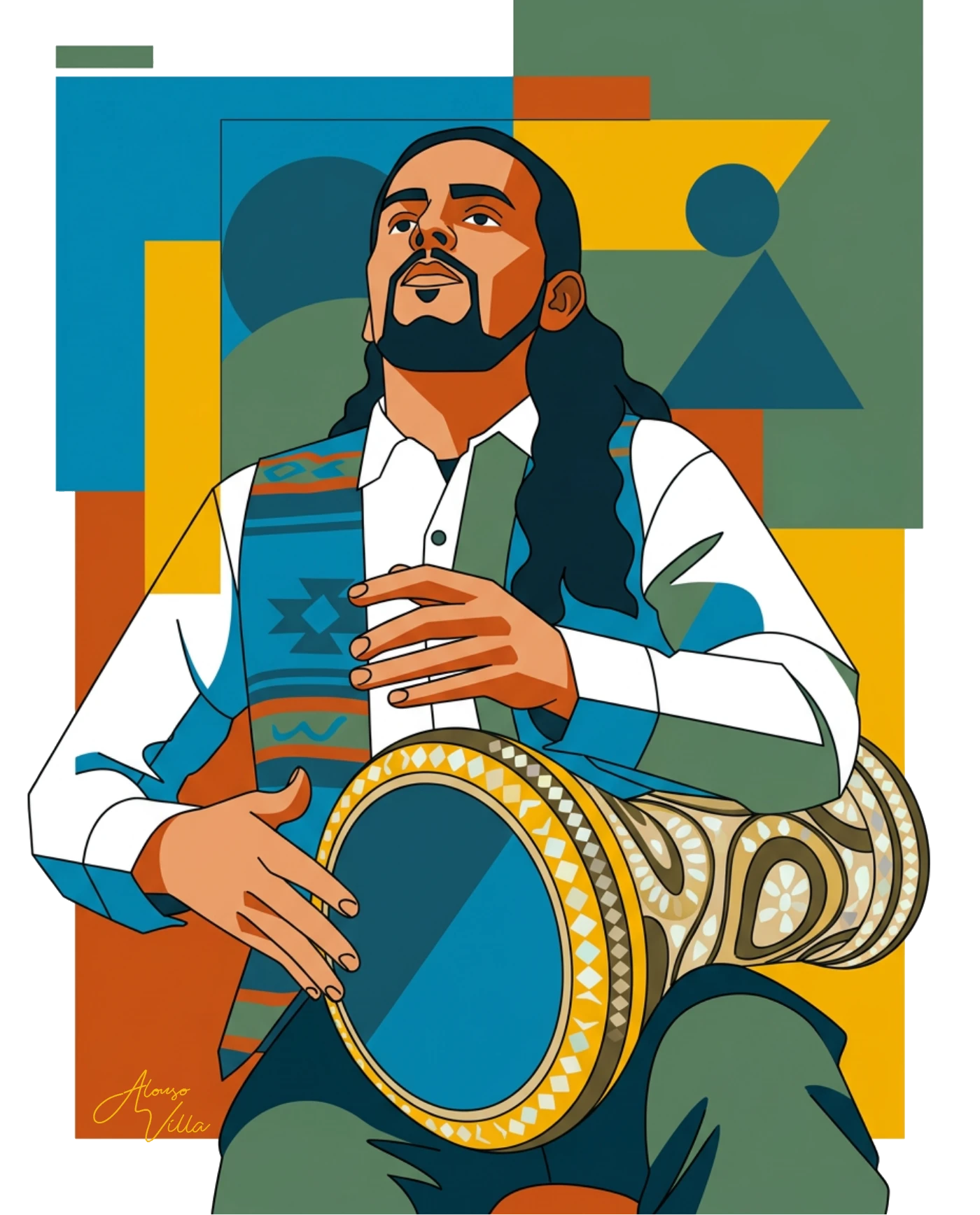 Ilustración de Alonso Villa tocando la darbuka